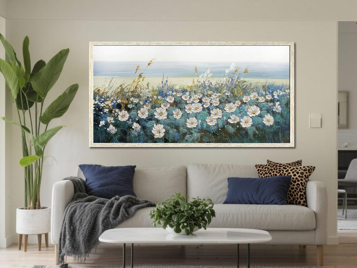 Arjun Flowers Wall Art Canvas White Daisy Floral Painting Blue Coastal Landscape Picture Modern Artwork for Living Room Bedroom Bathroom Dinning Room Office Home Wall Decor Large Framed 48"x24"