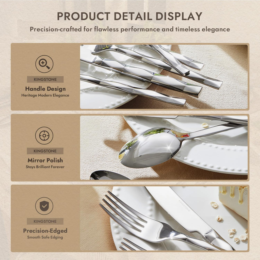 KINGSTONE Silverware Set, Luxury 30 Piece Flatware Set for 6, 18/10 Stainless Steel Cutlery Set with Diamond Cut Pattern for Kitchen, Home, Wedding, Party, Mirror Polished and Dishwasher Safe