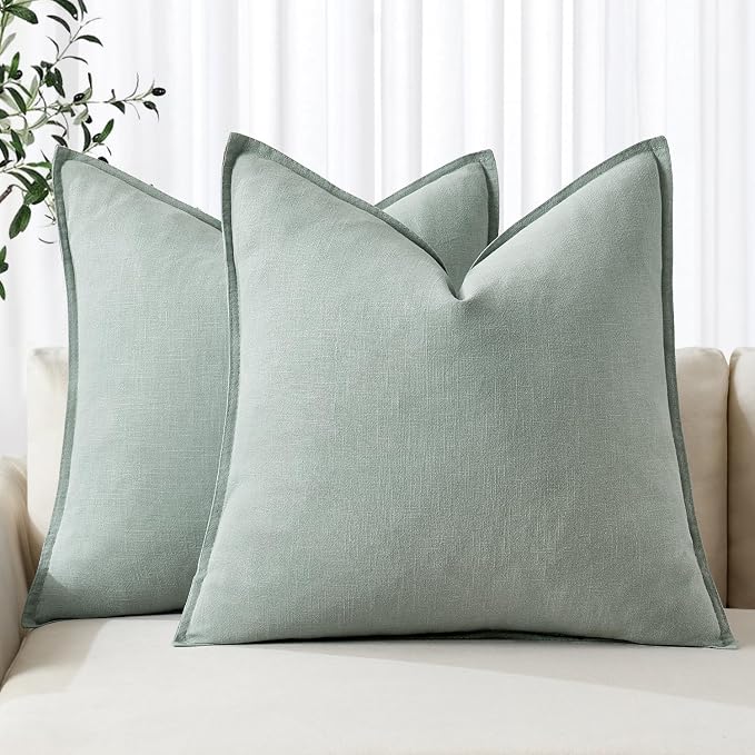 MIULEE Decorative Linen Pillow Covers 18x18 Inch Aqua Green | Boho Farmhouse​ by MIULEE