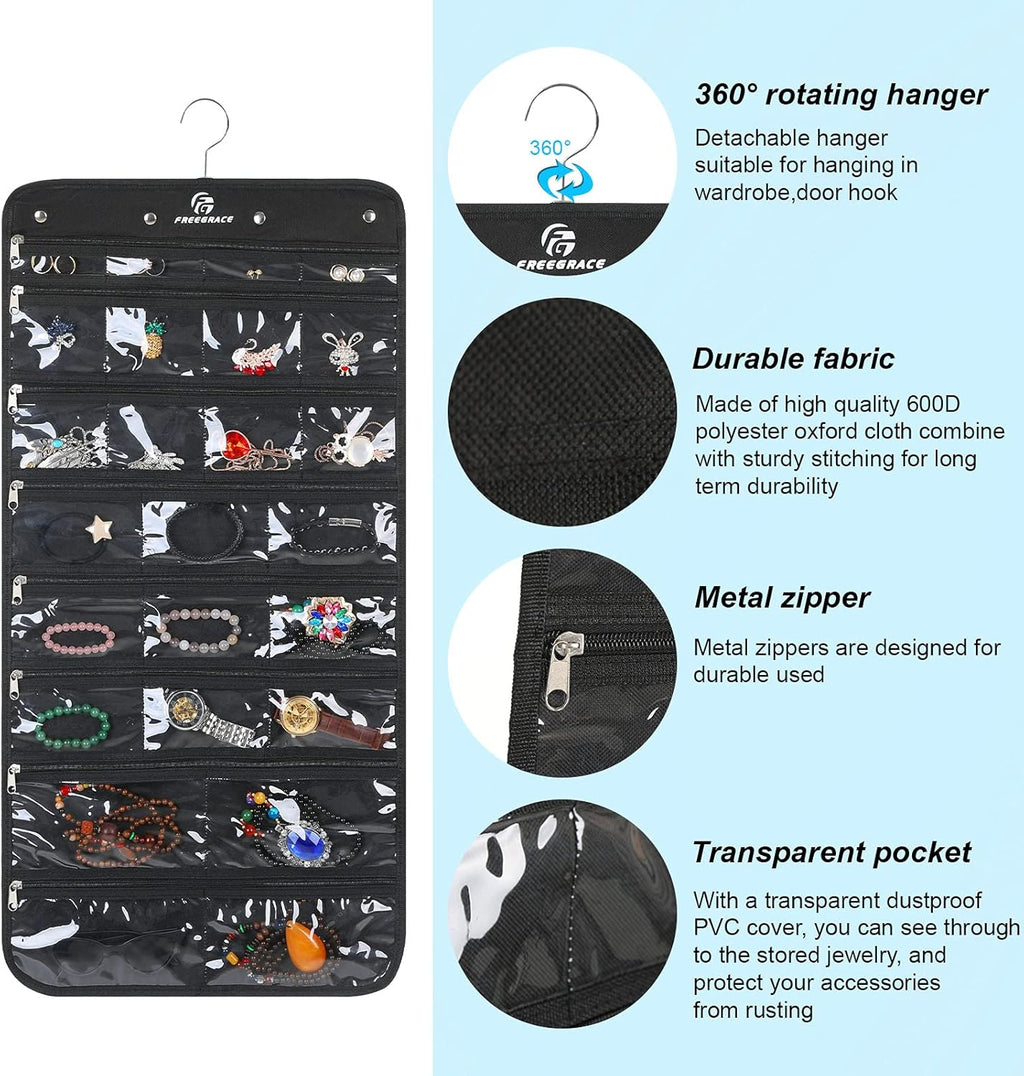 Freegrace Hanging Jewelry Organizer Revolving Hanger - Secure Zipper Closure - 25 Pockets,23 Hooks - Foldable Storage & Display Solution - for All Jewelry & Bijoux (Black)