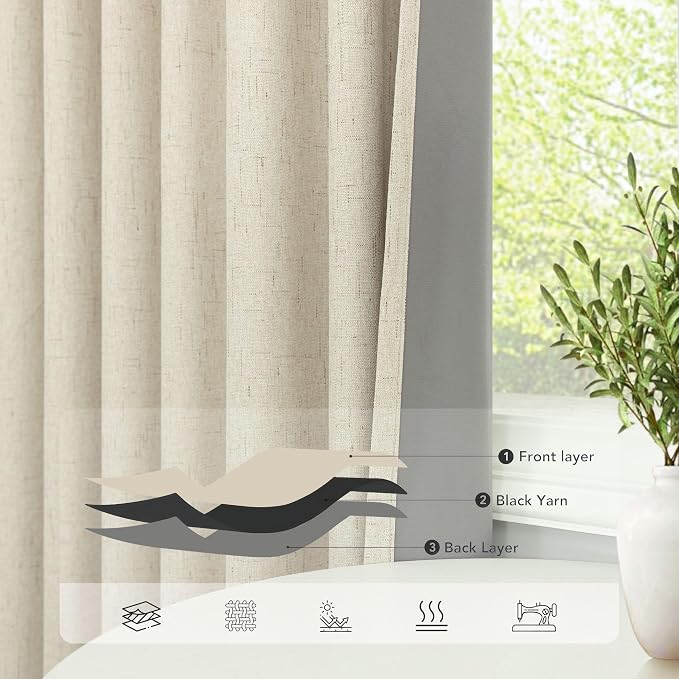 100% Blackout Neutral Curtains for Living Room 96 Inches Long 8 ft Faux Linen - Image 5
