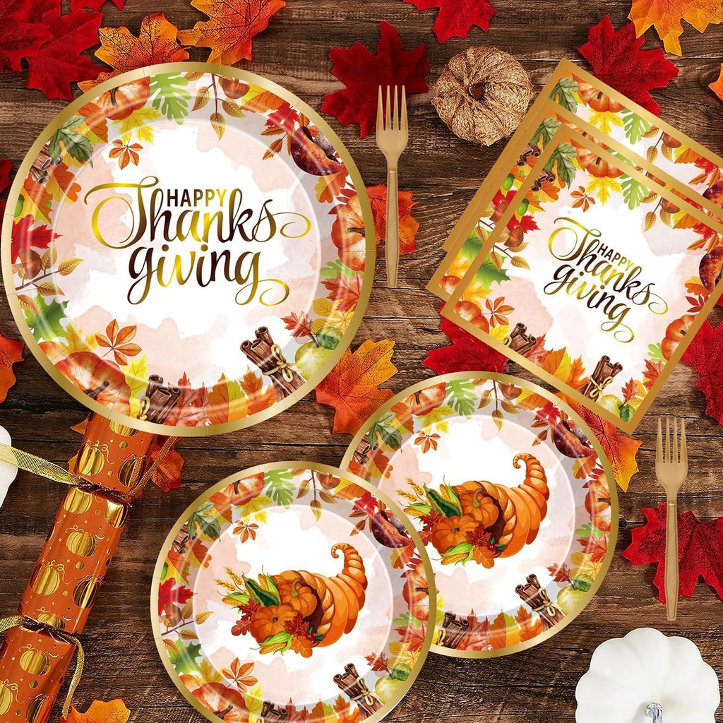 Thanksgiving Party Decorations Fall Party Supplies 96 PCS Fall Thanksgiving Disposable Dinnerware Set with Maple Leaves Gold Paper Plates Napkins and Forks for Harvest Celebrations