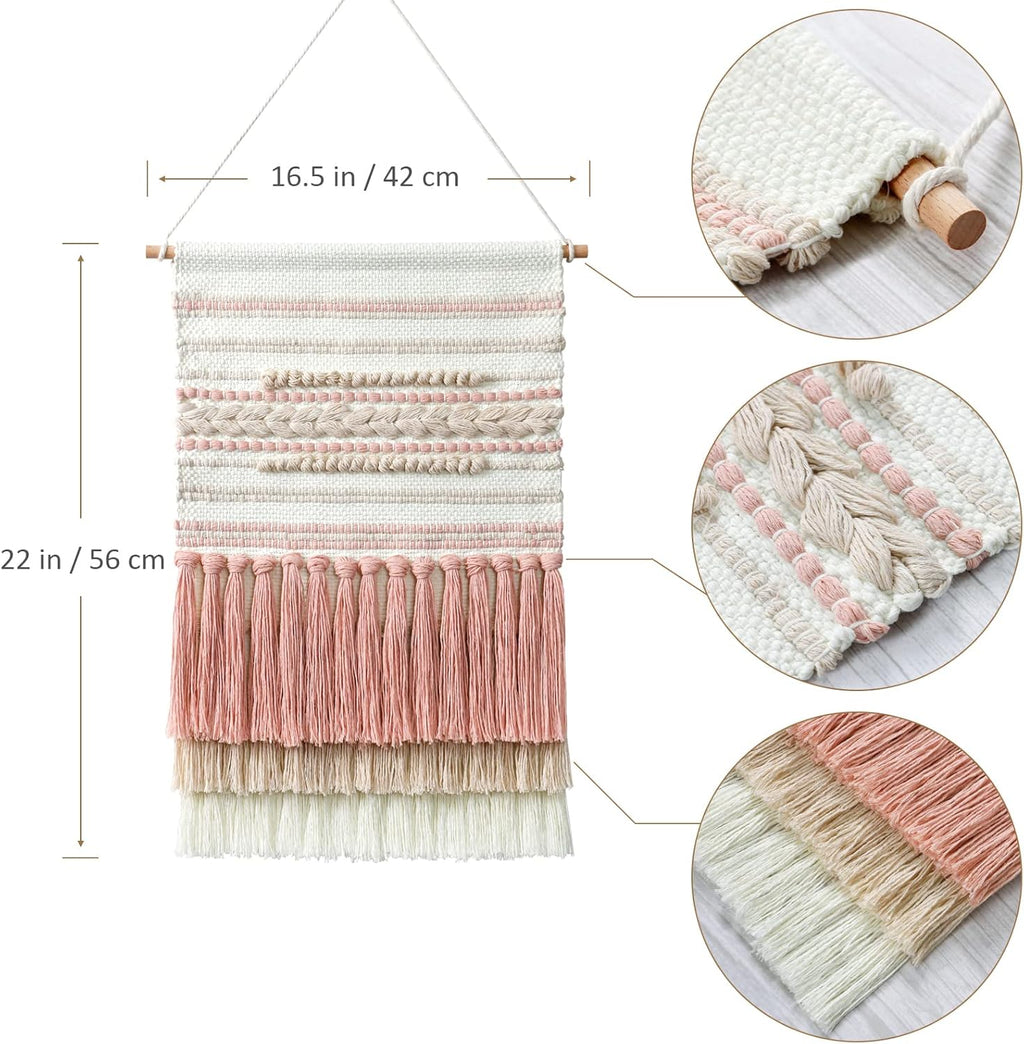 Dremisland Macrame Woven Wall Hanging Home Decor Bohemian Beige Geometric Wave Art Decor with Wool Ball and Tassle-Elegant Apartment Bedroom Dorm Room Door Decoration (Pink Line)