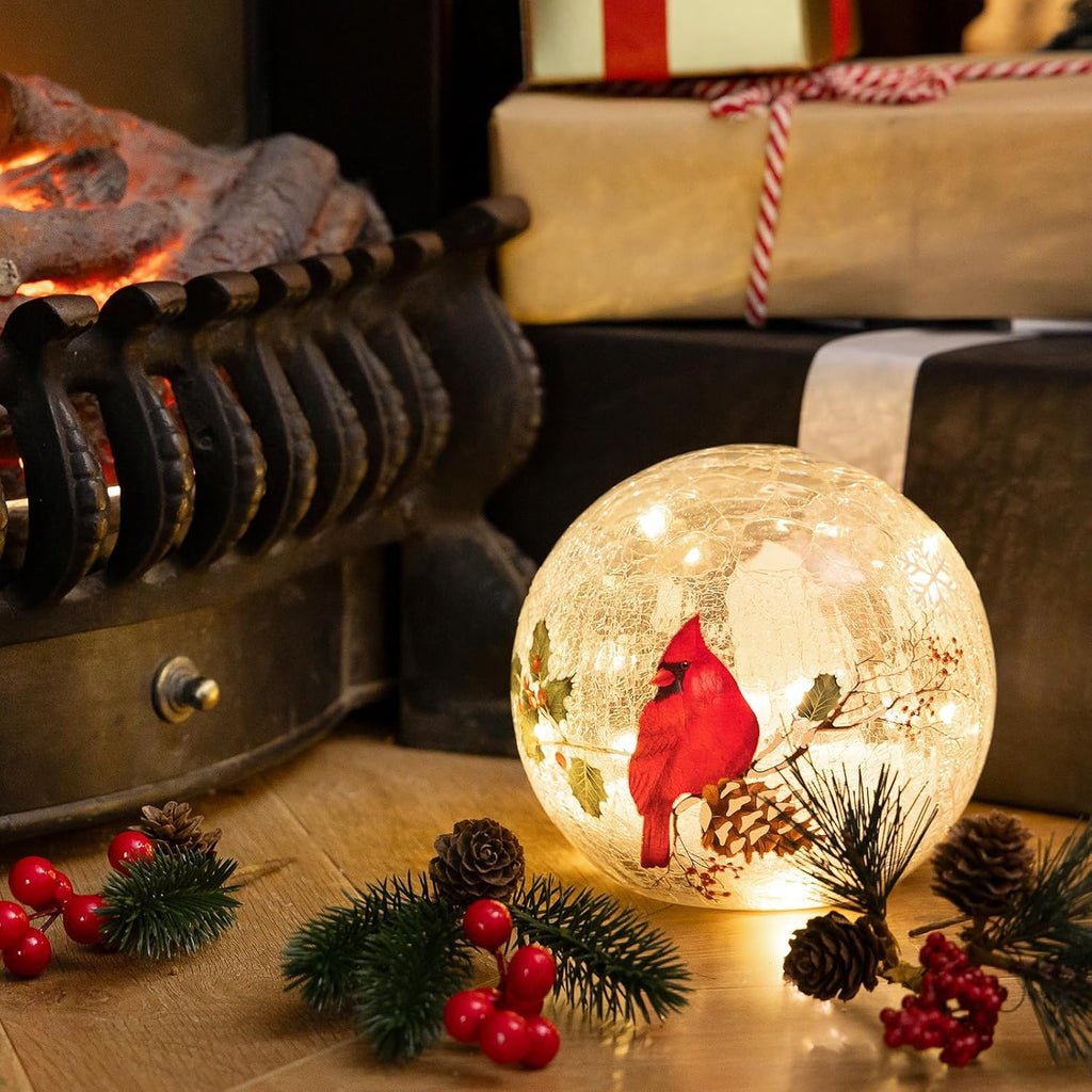 Christmas Decorations Indoor,Glass Globe Cardinal Lamp,Crackle Ball LED Lights Battery Operated,with Timer Snowflake Inside,Red Bird,Night Light for Table Decor (Large)