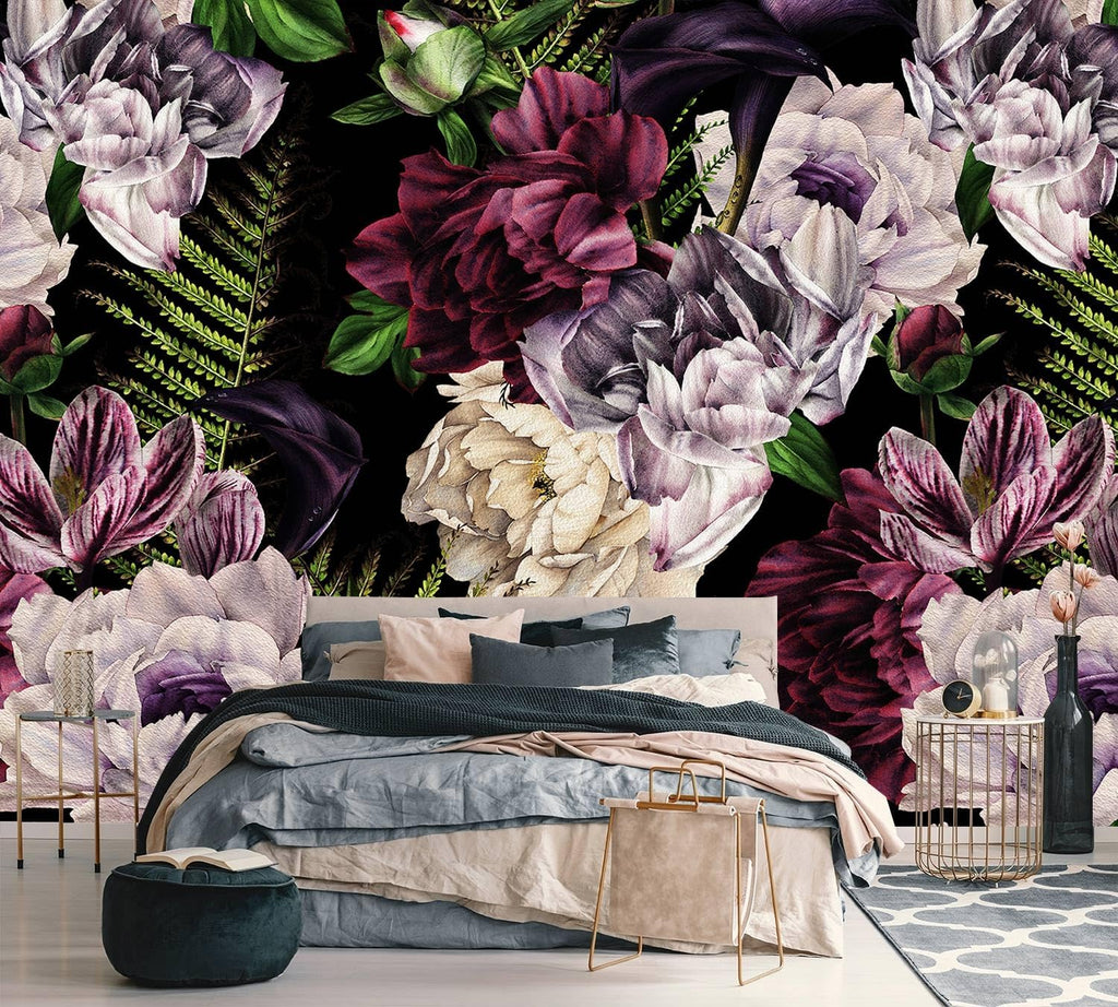 AFZEVEB-Purple Peony Wallpaper Watercolor Floral Wall Mural for Bedroom 114"x74"(Not Peel and Stick)