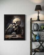 Skull Drinking Coffee Poster Art Print, Halloween Scary Vintage Wall Art Academia Spooky Painting Decoration for Horror Prints, Gothic Posters Bedroom Decor 89 (Skull Drinking Coffee, 8 x 10 inches, Black Frame)