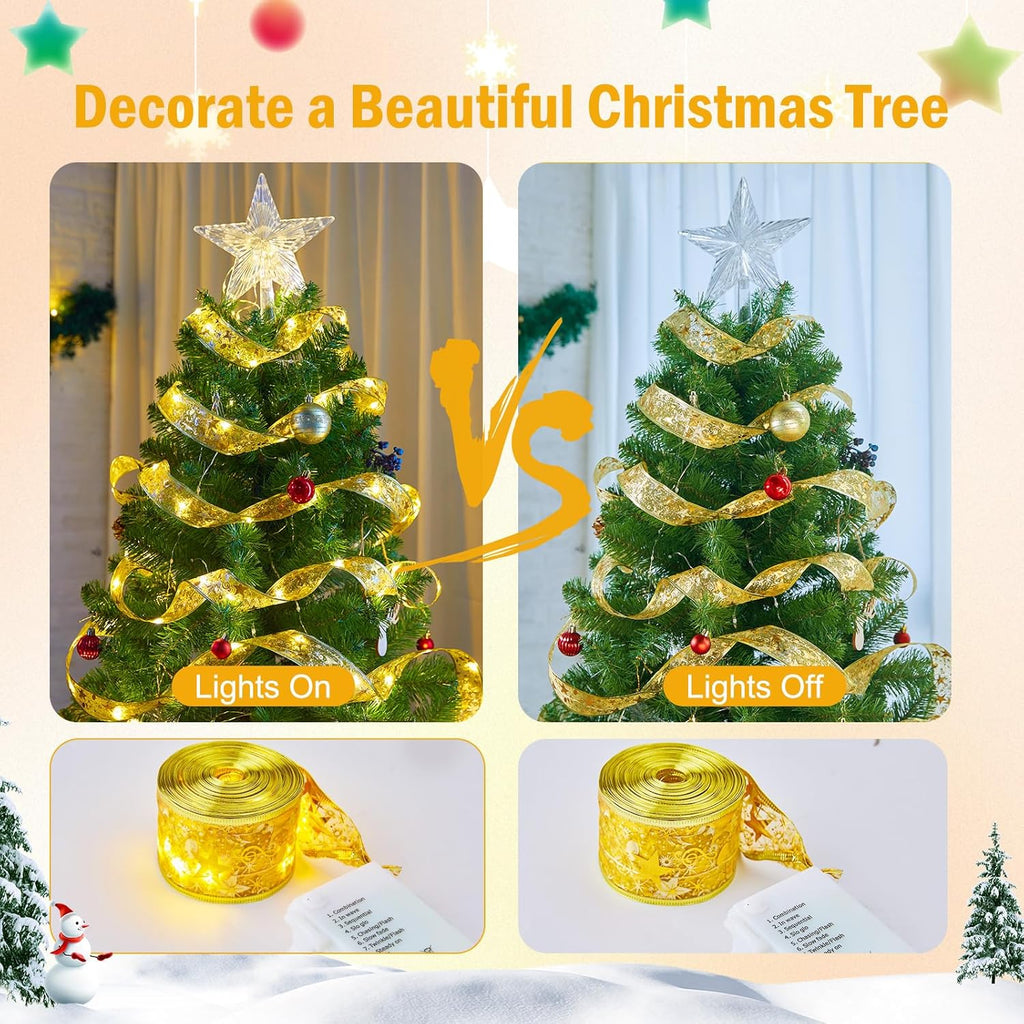 Minetom Christmas Tree Ribbon String Lights - 33ft 100 LED Battery Powered Fairy Lights with Timer and 8 Lighting Modes, Christmas Ribbon Bows Lights for 6ft - 8ft Christmas Tree New Year Decor, Gold