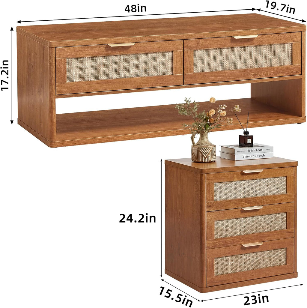 LEYAOYAO Boho Rattan Coffee Table and End Table Sets, 48" Wide Center Tables & 23" Night Stand with 3 Drawers, Brown Wood Coffee Table for Living Room 3 Piece Set
