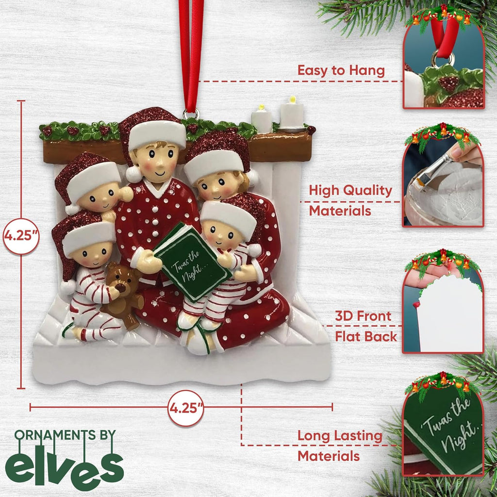 Bedtime Storytelling Family of 5 Christmas Ornament 2025 Personalized Family Christmas Ornaments 2025 | Holiday Reading Personalized Tree Ornaments Customizable Gifts Night and Book of Five Ornament
