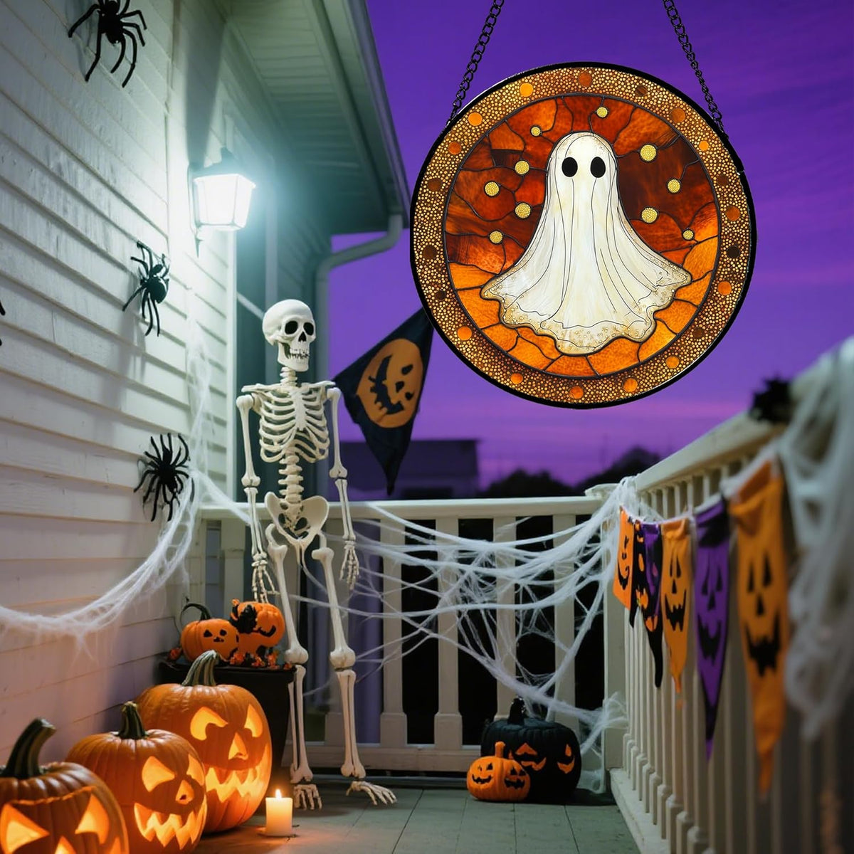 Stained Glass Window Hanging - Halloween Decorations White Ghost Suncatcher for Doors Garden Indoor Spooky Funny Orange Sun Catchers Gothic Decor Horror Gifts for Women Men Friend 15 in