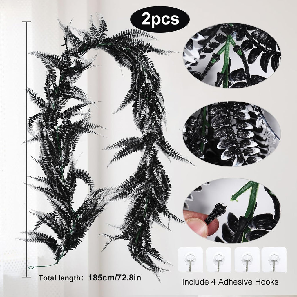 RECUTMS 2pcs Black Garland Artificial Boston Ferns 6 FT Faux Hanging Greenery UV Resistant Halloween Decor