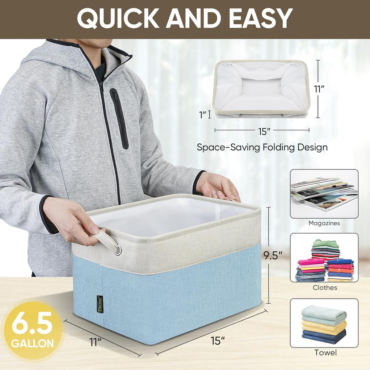 BALEINE 2 Pack Fabric Storage Bins for Shelves, Linen Storage Baskets for Organizing, Decorative Closet Bins for Clothes, Home (Skyblue, 15''x11''x9.5'')