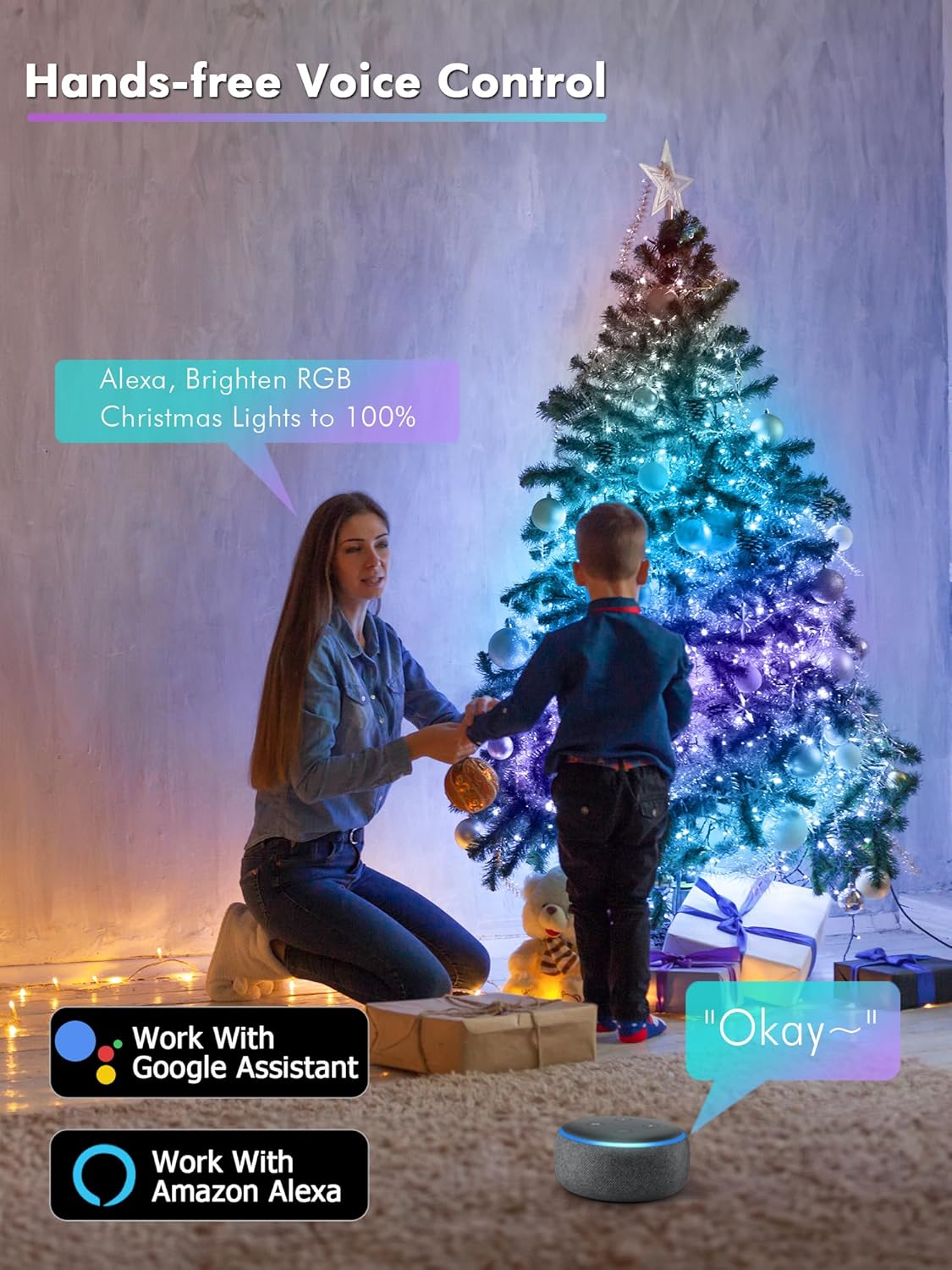 BrizLabs Smart Fairy Lights, 33ft 100 LED Color Changing Fairy Lights Work with Alexa/Google Home, WiFi Rainbow Christmas Light Dimmable RGB Twinkle Starry Light for Christmas Tree Home Party Decor