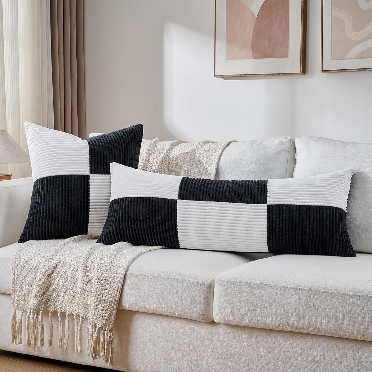 Fancy Homi Set of 2 Black White Samll Decorative Throw Pillow Covers 18x18 Inch with for Couch Bed Sofa Living Room, Soft Cross Patchwork Striped Corduroy Modern Square Cushion Case 45x45 cm