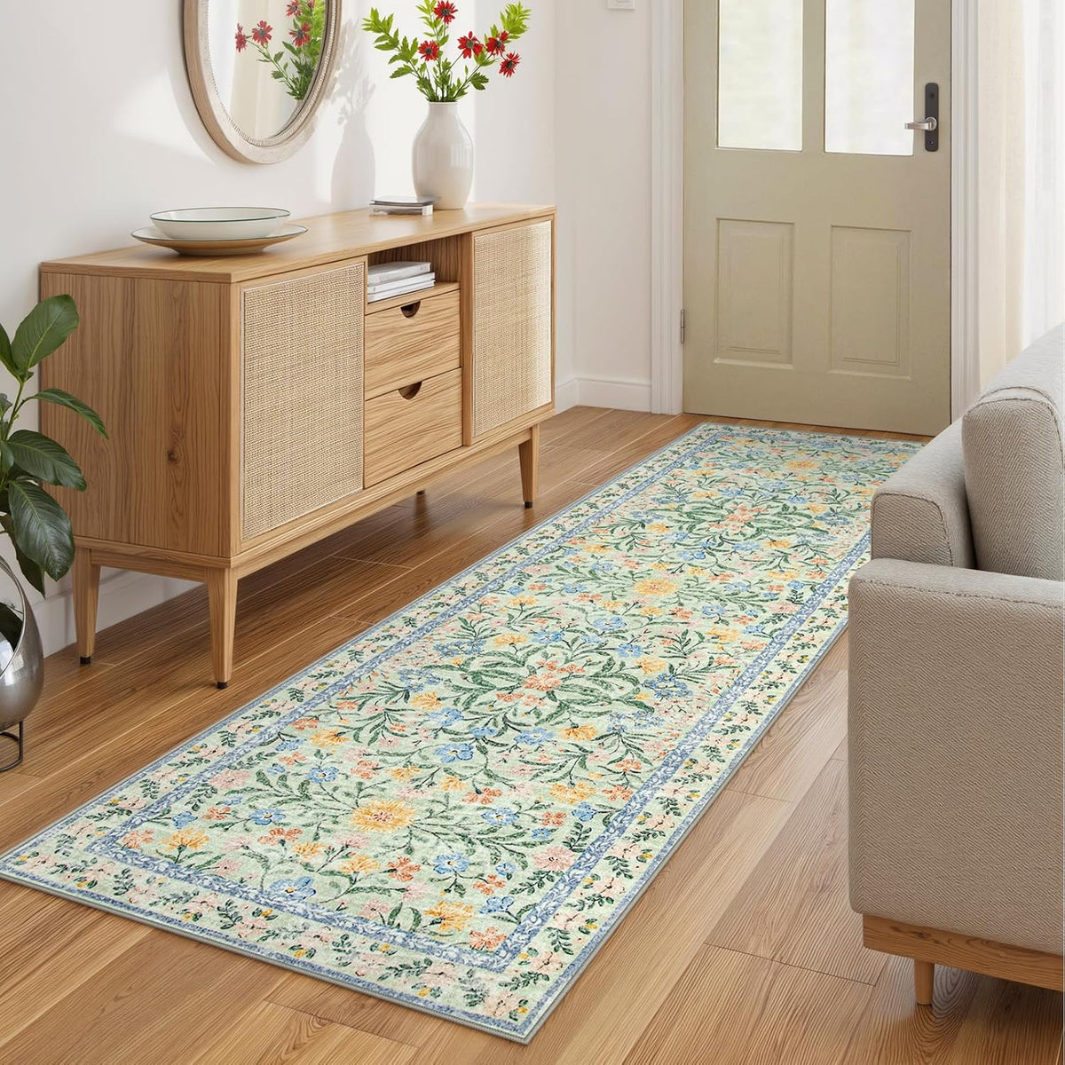 Wonnitar Washable Runners for Hallways, 2'6''x8' Floral Green Runner Rug for Kitchen Bathroom, Boho 8ft Non Silp Extra Long Rugs for Entryway Bedroom Laundry