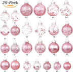 Sea Team Christmas Baubles Set, Shatterproof Clear Plastic Christmas Baubles Multi-Size Decorative Baubles with Stuffed Delicate Decorations (25 Pieces, Pink)