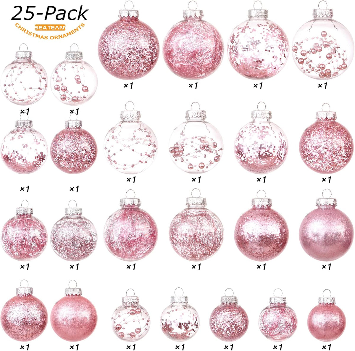 Sea Team Christmas Baubles Set, Shatterproof Clear Plastic Christmas Baubles Multi-Size Decorative Baubles with Stuffed Delicate Decorations (25 Pieces, Pink)