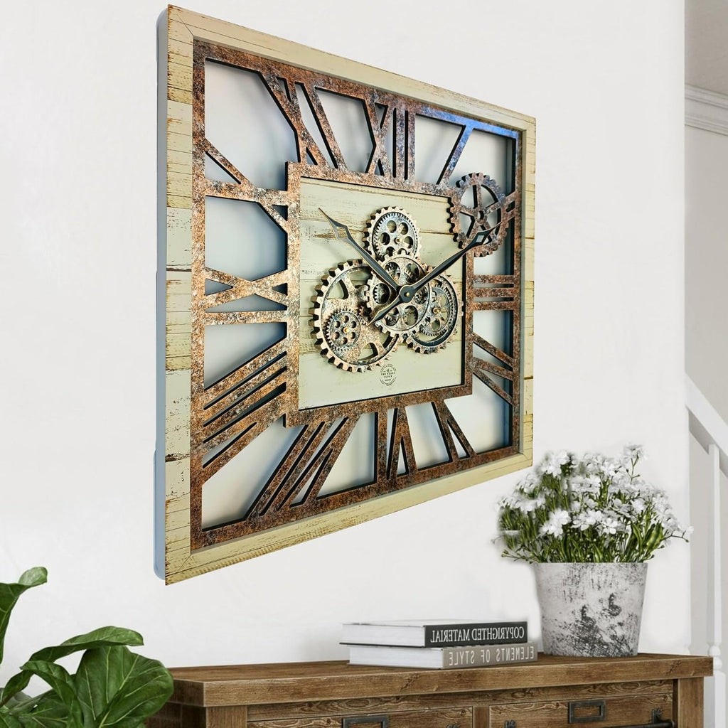 The Gears Clock 24'' Inch Square Real Moving Gear Wall Clock Vintage Industrial Oversized Rustic Farmhouse (Desert Beige)