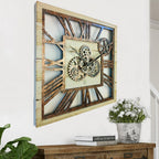 The Gears Clock 24'' Inch Square Real Moving Gear Wall Clock Vintage Industrial Oversized Rustic Farmhouse (Desert Beige)