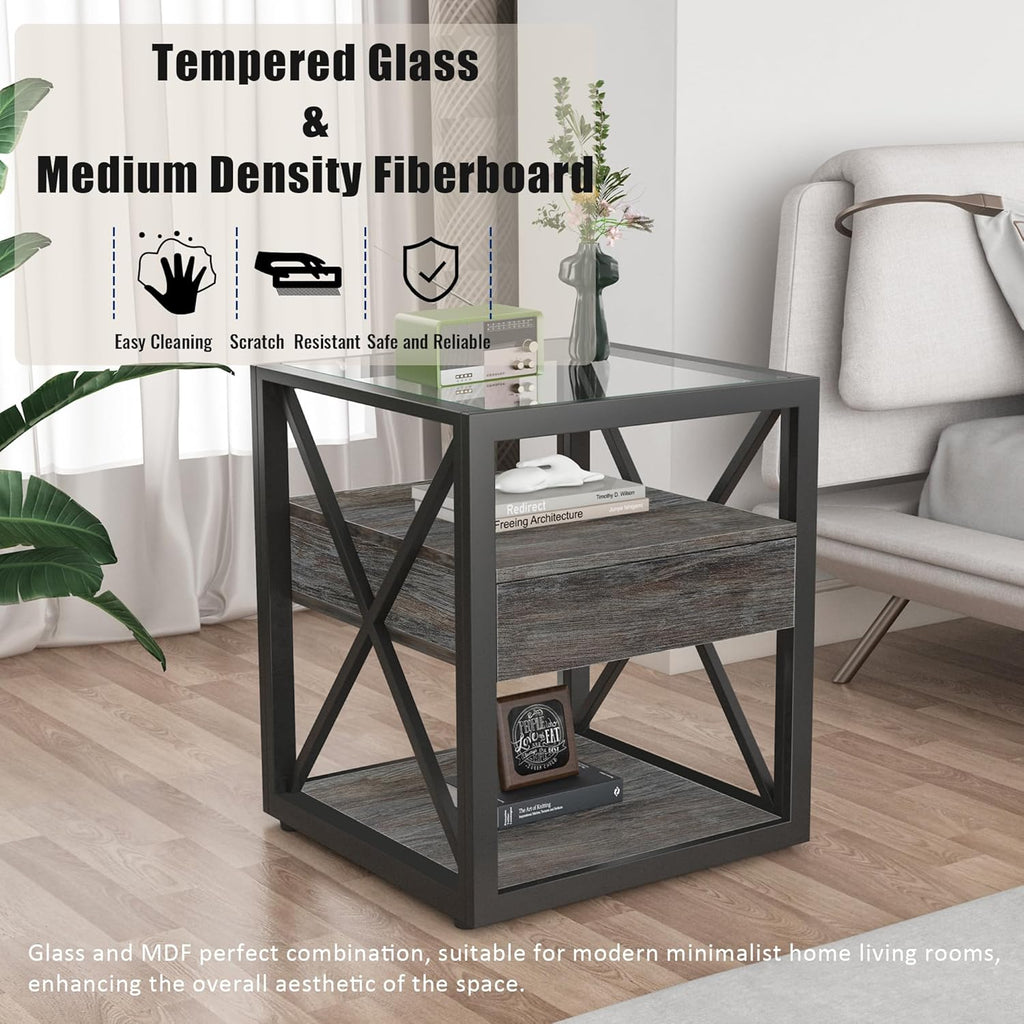 Farmhouse End Table, Modern Side Table with Drawer&3-Tier Storage Shelf, Square Rustic Nightstand, Accent Tea Table, for Bedroom Office Living Room, Grey, Natural Wood, Glass, Metal