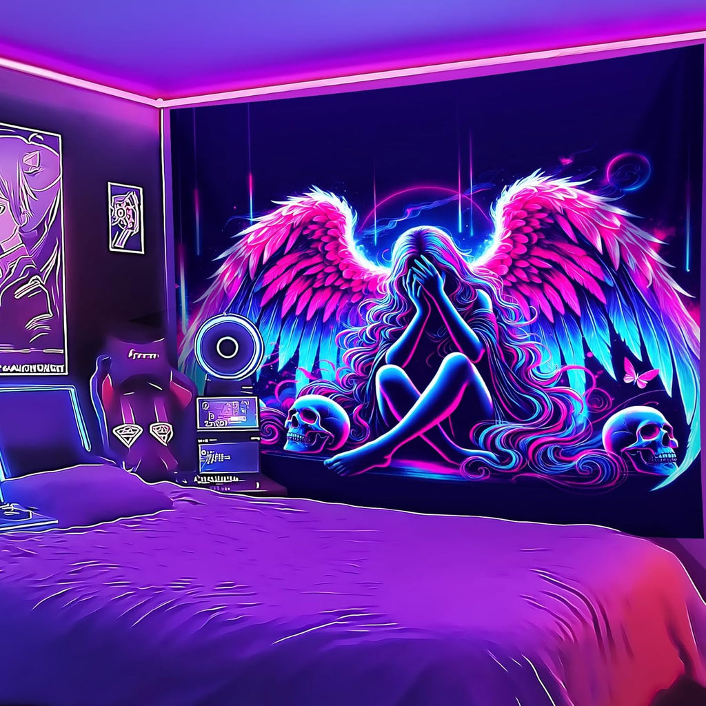 Blacklight Tapestry,WingTapestry Glow In The Dark,UV Reactive Black Light Upright Posters Wall Hanging for Bedroom Dorm Living Room Backdrop Decor (wing1, 90L" x 70W")