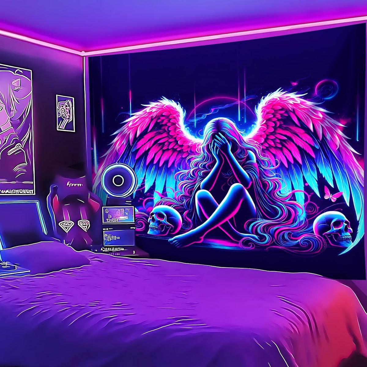 Blacklight Tapestry,WingTapestry Glow In The Dark,UV Reactive Black Light Upright Posters Wall Hanging for Bedroom Dorm Living Room Backdrop Decor (wing1, 90L" x 70W")
