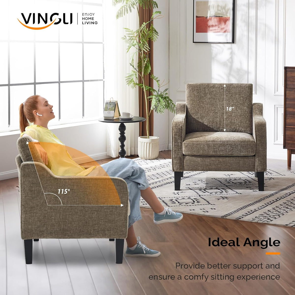 VINGLI Accent Chair for Living Room Chairs Light Brown Reading Chair for Bedroom Scooped Arm Chair Mid Century Modern Accent Chairs Upholstered Comfy Chair for Apartment, Waiting Room