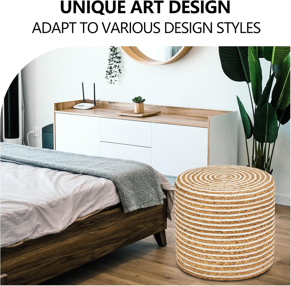 Wimarsbon 18'' Ottoman Pouf, Natural Braided Poof, Rustic Handweave Lounge Pouffe, Boho Footrest Stool for Bedroom, Accent Table or Seat for Living Room (Natural Water Hyacinth + White Cotton Rope)