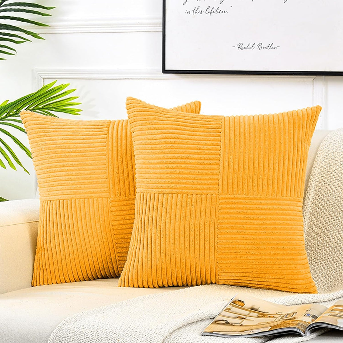 Fancy Homi 2 Packs Gold Yellow Big Decorative Throw Pillow Covers 24x24 Inch for Couch Bed Sofa, Rustic Farmhouse Boho Home Decor, Soft Corss Corduroy Patchwork Accent Square Cushion Case 60x60 cm