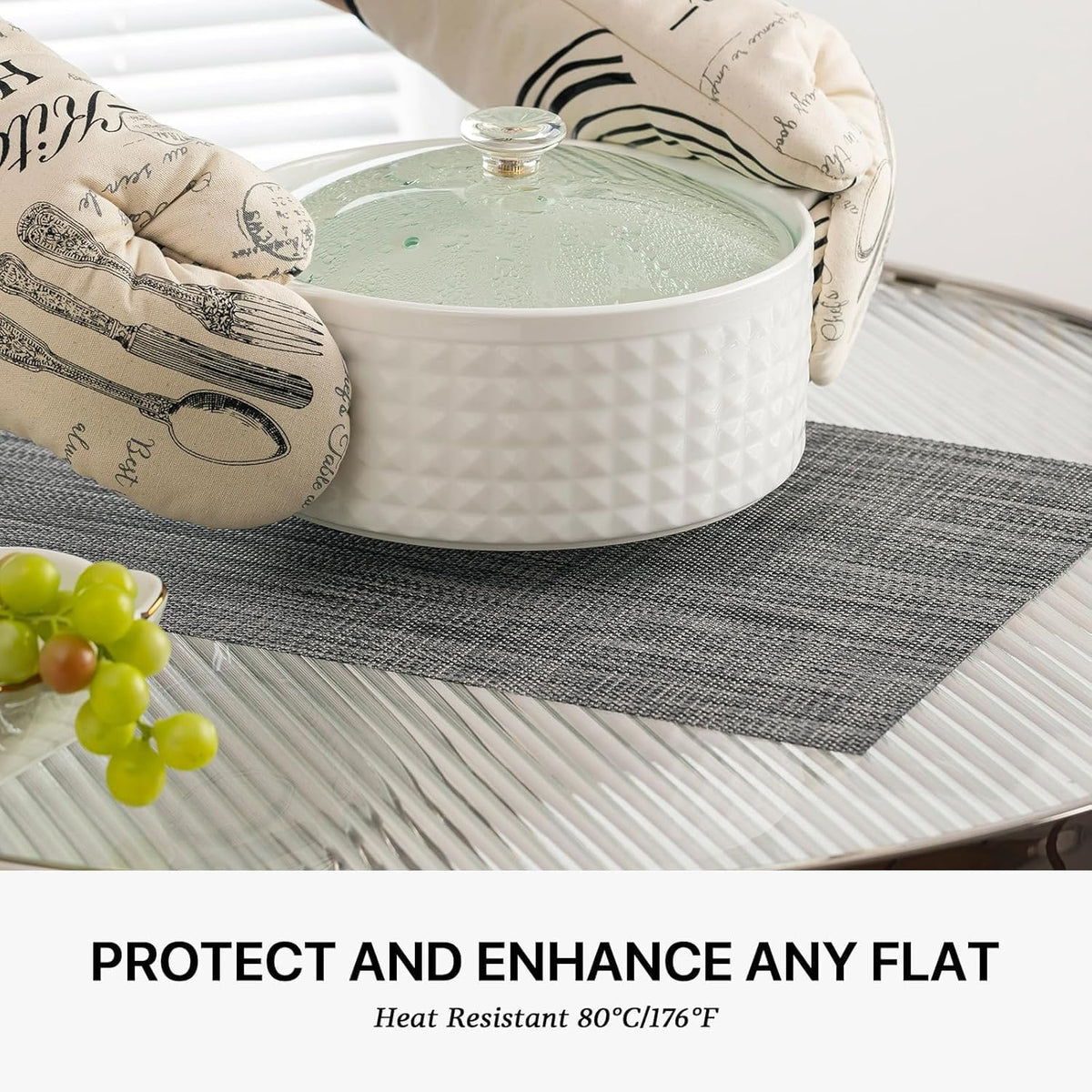 LEXMORE Placemats Set of 6 Vinyl/Plastic Woven Place Mats for Kitchen Table Indoor/Outdoor Washable Placemat Wipeable Dining Table Mats(A-Dark Gray)