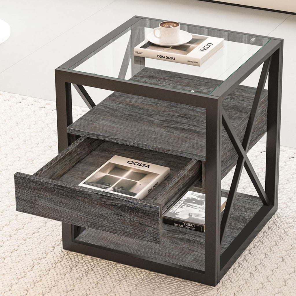 Farmhouse End Table, Modern Side Table with Drawer&3-Tier Storage Shelf, Square Rustic Nightstand, Accent Tea Table, for Bedroom Office Living Room, Grey, Natural Wood, Glass, Metal