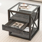 Farmhouse End Table, Modern Side Table with Drawer&3-Tier Storage Shelf, Square Rustic Nightstand, Accent Tea Table, for Bedroom Office Living Room, Grey, Natural Wood, Glass, Metal
