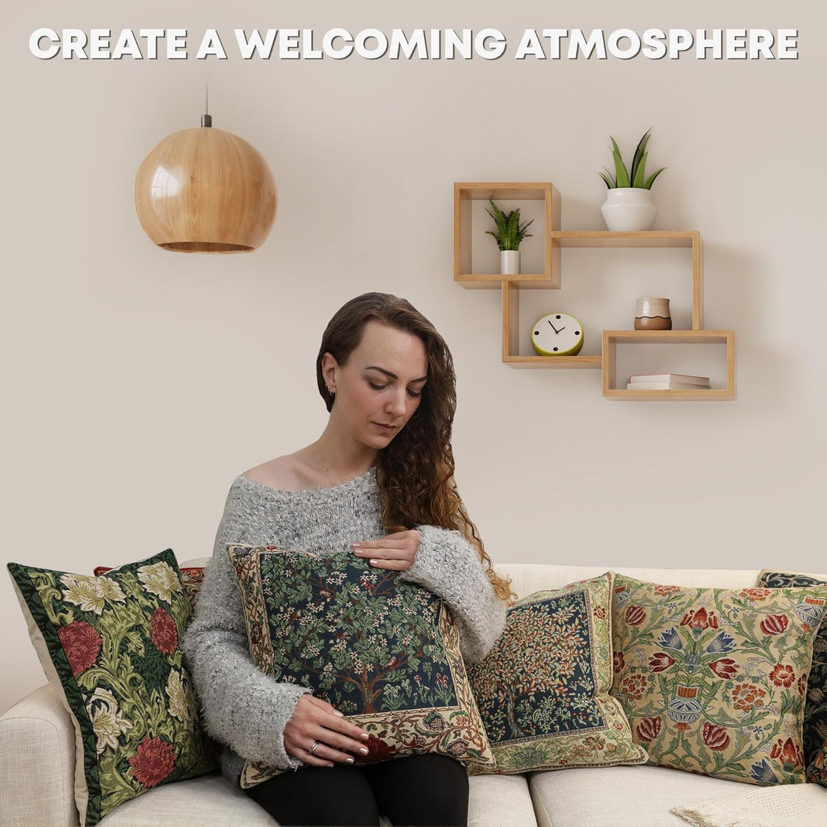 Charlotte Home Furnishings Throw Pillow Covers 16x16 in, Green Chrysanthemum Decorative Pillow Covers, Boho European Tapestry Cushion Cases, Living Room Cozy Home Decor, Jacquard Woven Soft Cotton