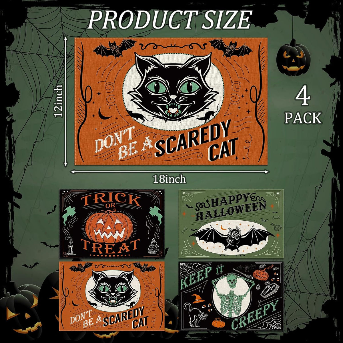 4Pcs Halloween Placemats Pumpkin Bat Black Cat Skeleton Table Mat Vintage Decorative Place Mats for Party Table Setting Decor, 12 x 18 Inch