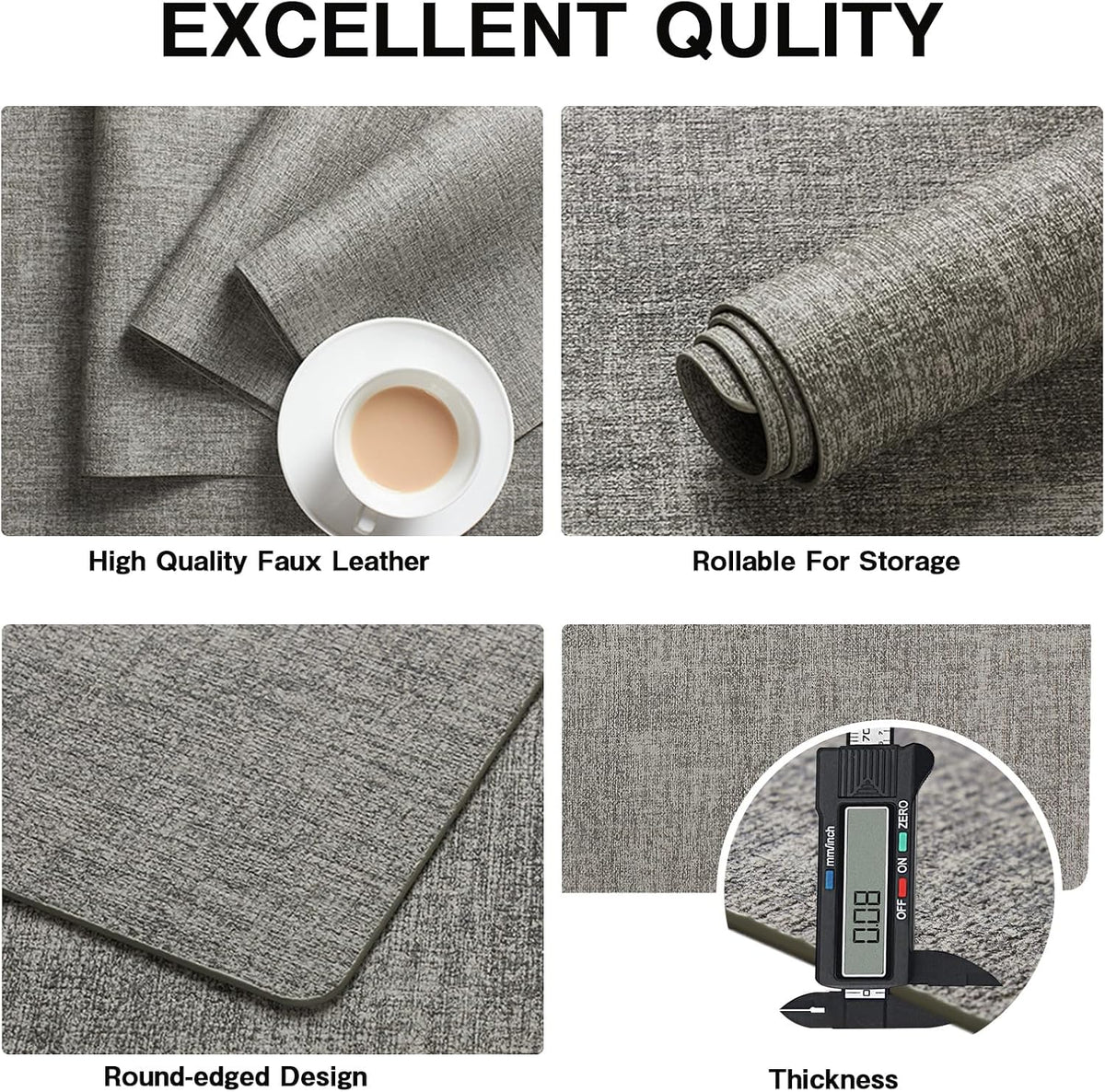 Chrysameld Vinyl Placemats Set of 8 - Faux Leather 100% Waterproof Oil-Proof Wipeable PU Place Mats, Heat Resistant Anti Slip Reversible Table Mats for Indoor & Outdoor Use,(17×12Inch, Light Grey)
