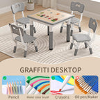 Kids Table and Chairs, Height Adjustable Childrens Table and Chair Set, Kids Tables for Age 2-8, Graffiti Desktop, Table for Kids with 2 Seats, Small Kids Table, Max 300lbs, Grey