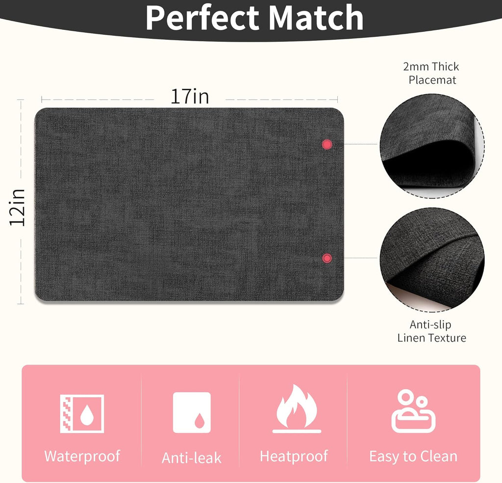 Maxpearl Faux Leather Placemats Set of 4, Waterproof - Wipe Clean - Heat Resistant - Anti Slip Dining Table Place Mats, Suitable for Indoor & Outdoor Use, 17’’×12’’, Black