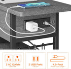 End Table with Charging Station, Flip Top Nightstand with USB Ports and Outlets,Couch Side Table with Fabric Bag and Hooks, Bedside Table for Space Saving, Living Room, Bedroom (Grey)