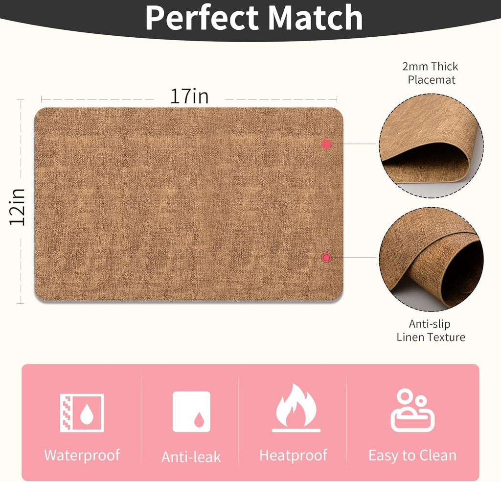 Maxpearl 8-Piece PU Leather Placemats – Durable, Heat Resistant & Wipeable Table Mats, Non-Slip and Waterproof Dining Place Mats for Kitchen or Patio Table, 17x12 Inches, Brown