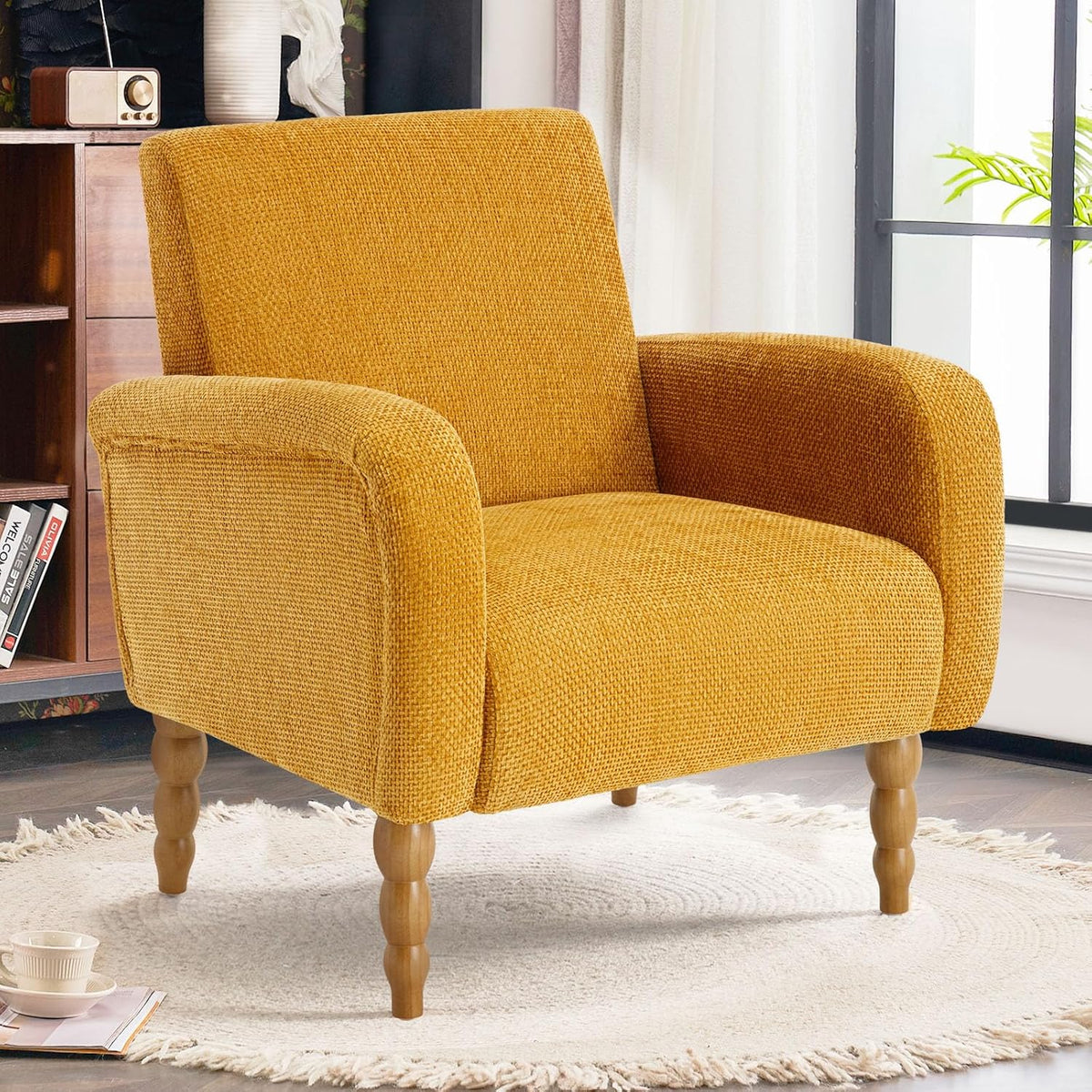 Chenille Fabric Accent Chair, Upholstered Armchair with Solid Wood Legs, Modern Living Room Accent Chair, Comfy Single Sofa Chair Reading Club Chair for Bedroom Reception Lounge, Yellow