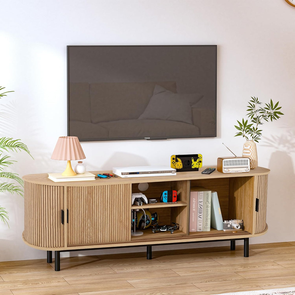 62" Tambour Door TV Stand,Wood Mid Century Modern TV Cabinet for Up to 75“ TV,Curved Edge Long TV Stand with Storage for Bedroom Living Room (Natural, 62.2inch)