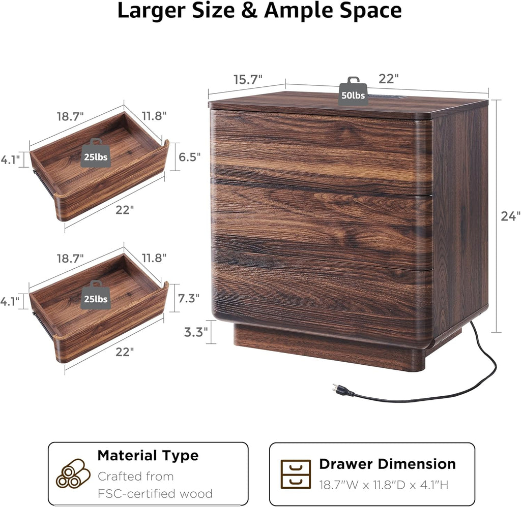 JXQTLINGMU 22" Modern Nightstand Set of 2 with Charging Station, Large Push-to-Open End Table, Wood Bedside Table, Curved Profile, Handleless 3 Drawer Night Stand for Bedroom, Living Room, Brown