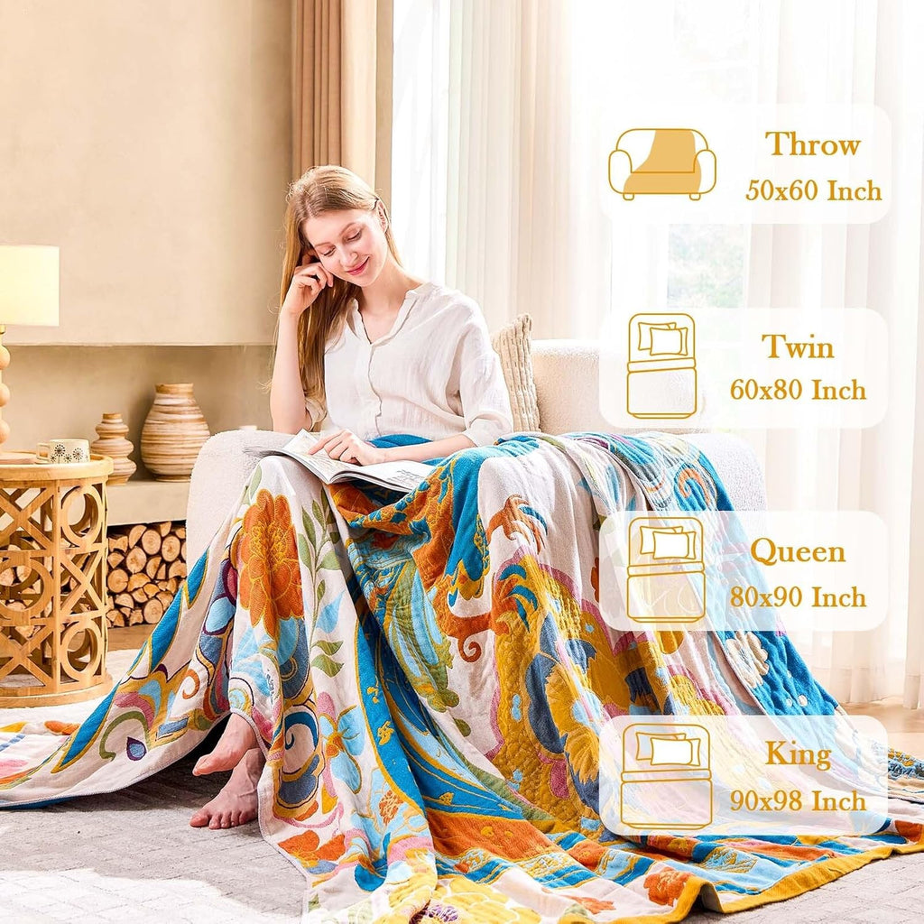 Boho Throw Blanket, Lightweight Blankets for Summer, 100% Cotton Bohemian Decorative Throw Blanket, 90"x98" Reversible Muslin Breathable Woven Farmhouse Blankets Quilt,