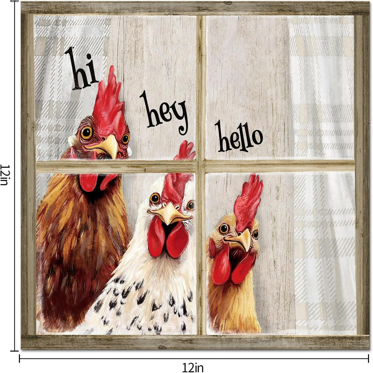 Visual Art Decor Funny Rooster Wall Art Chicken Picture Rustic Farmhouse Front Door Welcome Sign Framed 12x12 inch, Rustic Brown