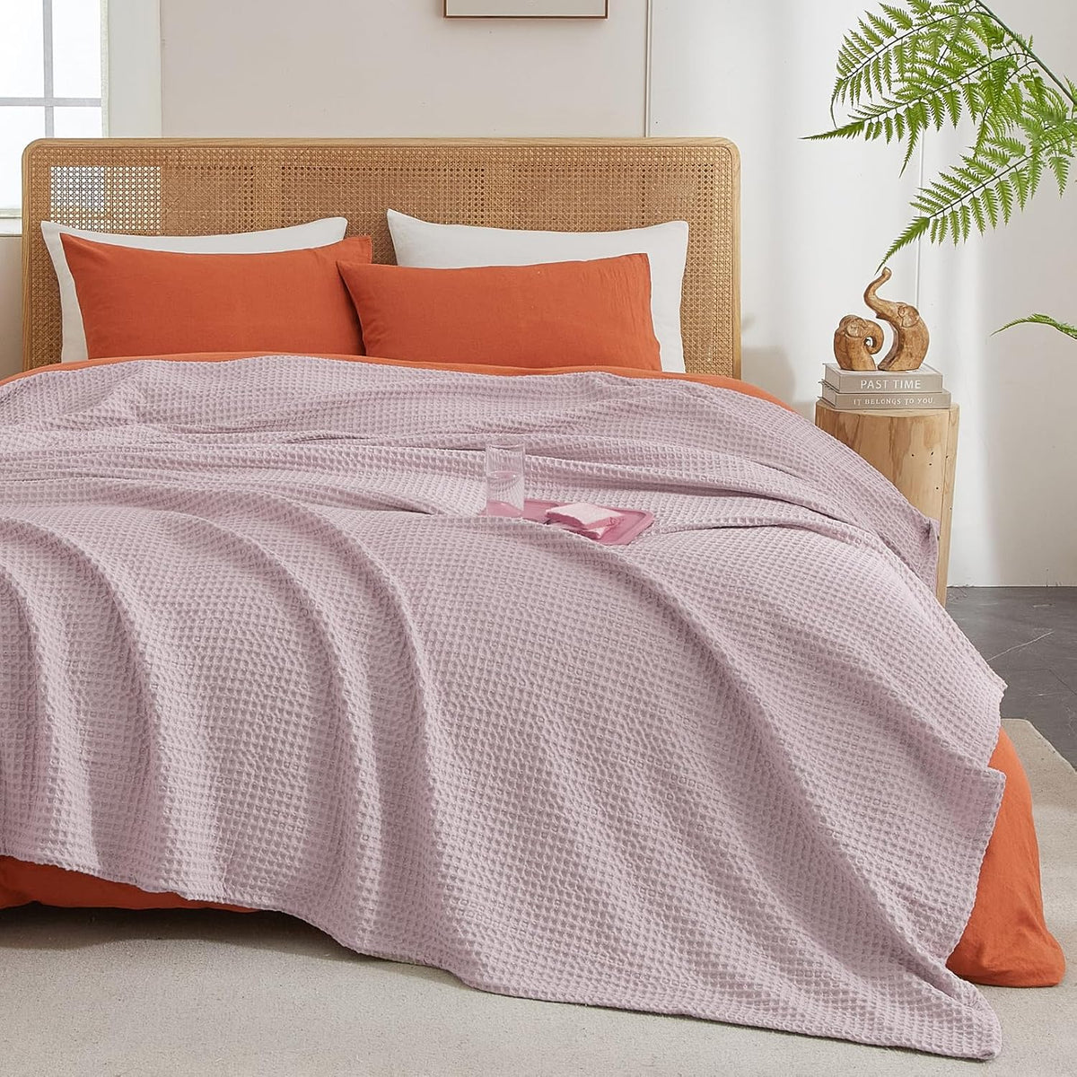 PHF Ultra Soft Waffle Weave Blanket Queen Size 90"x 90"- Washed Lightweight Breathable Cozy Woven Blanket for Bed - Aesthetic Decor for Couch Bedding Sofa Home Car - Dusty Rose