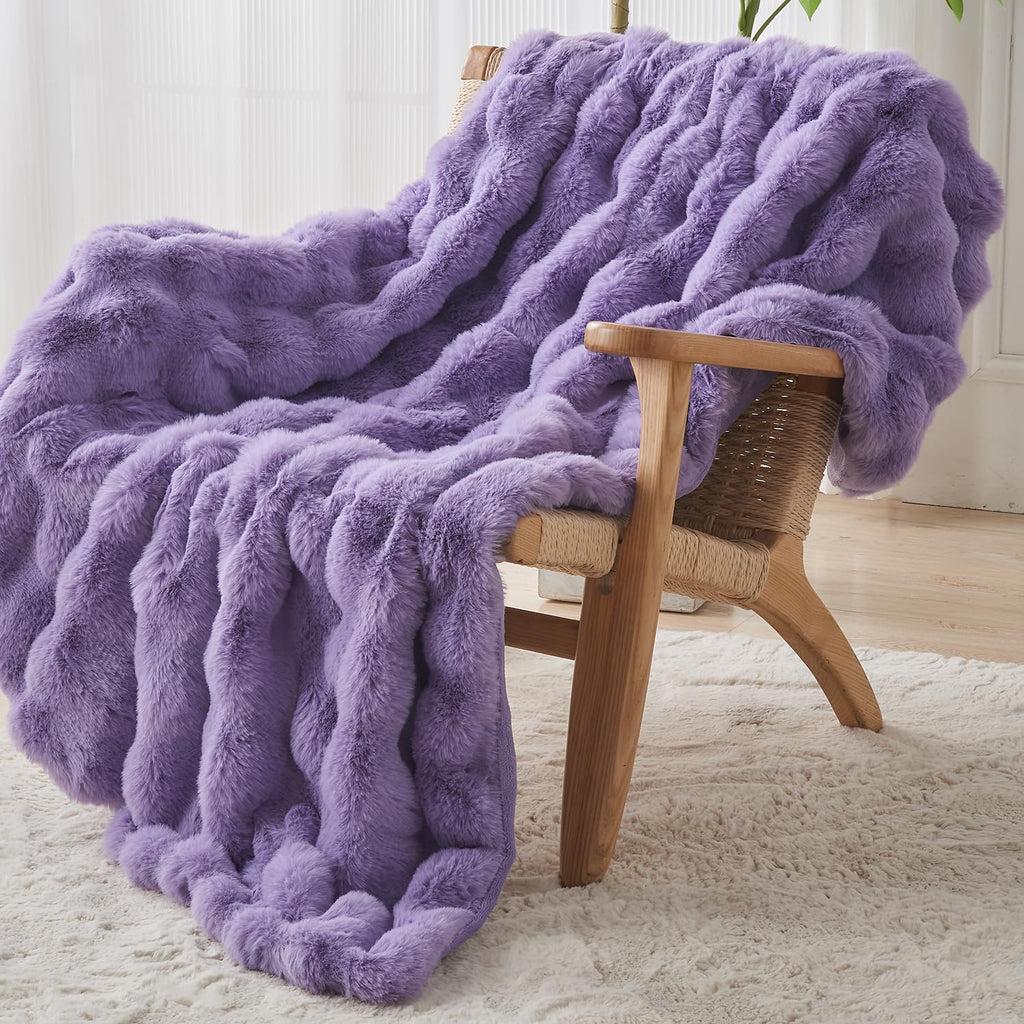 Lotus Karen Faux Fur Throw Blanket Purple - Big Bubble Rabbit Fluff Blanket for Couch Bed Sofa,Softest Fluffy Fuzzy Cozy Blanket,Thick Furry Plush Shaggy Warm Blankets for Women,60x80 Inches