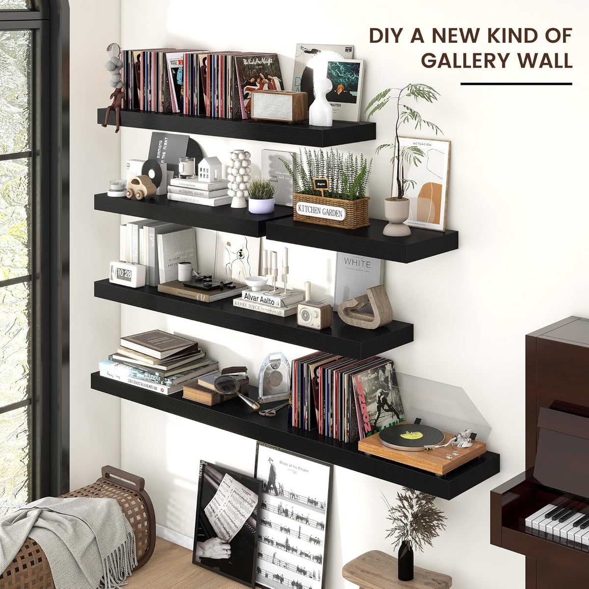 Floating Shelves - 2 Large Wall Mounted Shelves with Invisible Brackets, Long Wood Floating Wall Shelf for Living Room, Bedroom, Kitchen (Black, 36" W x 9" D x 1.5" H)