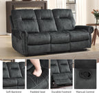 EBELLO Manual Recliner 3 Seat Sofa Couch, Soft Fabric 3 Seater Reclining Couch Chair, Vintage Rivet Mid-Century Design Furniture for Living Room, Meeting Room, Grey