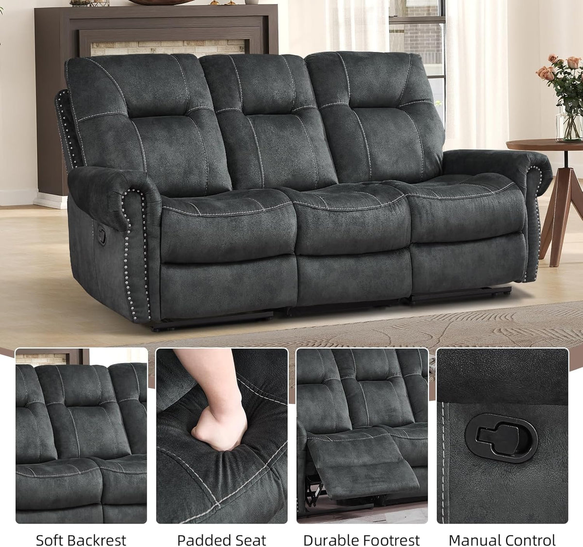 EBELLO 2 Pieces Reclining Couch Furniture Set for Living Room, 1 Seat Power Recliner and a 3 Seater Sofa, Vintage Rivet Mid-Century Design for Living Room, Grey