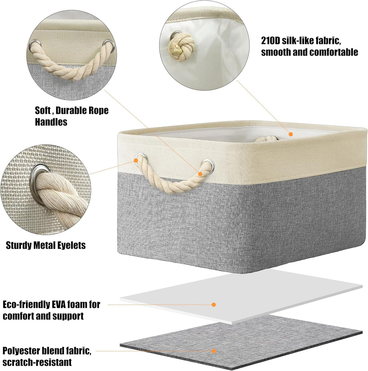 SIMPLE HOUSEWARE Large Fabric Storage Bin, 15.7" x 12" with Braided Handles, 3 Pack, Gray